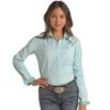 Panhandle Women's Rough Stock By Panhandle Turquoise Stripe Shirt -Western Cowboy Supplies 156410 default l