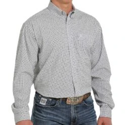 Cinch Men's White Geometric Print Arenaflex Long Sleeve Button Down