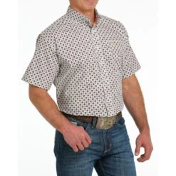 Cinch Mens White With Red Medallion Print Short Sleeve Shirt