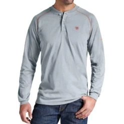 Men's Ariat Flame Resistant Grey Henley Long Sleeve Shirt